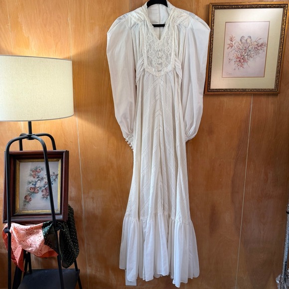Dresses & Skirts - Vintage 70s Jody of California White Prairie Maxi Dress Lace Bishop Sleeve Small